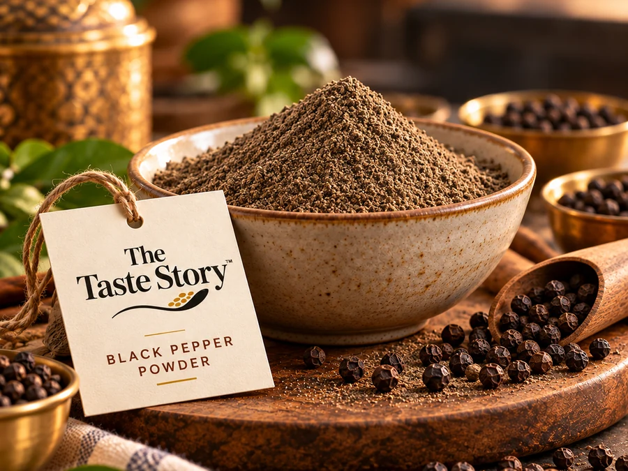 The Taste Story™ Black Pepper Powder — illustrative spice powder and whole ingredients photograph