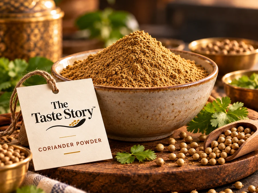 The Taste Story™ Coriander Powder — illustrative spice powder and whole ingredients photograph