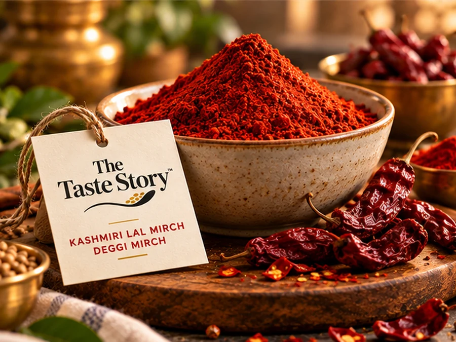 The Taste Story™ Kashmiri Lal Mirch — illustrative spice powder and whole ingredients photograph