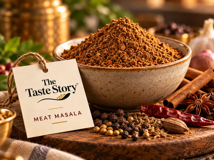 The Taste Story™ Meat Masala — illustrative spice powder and whole ingredients photograph