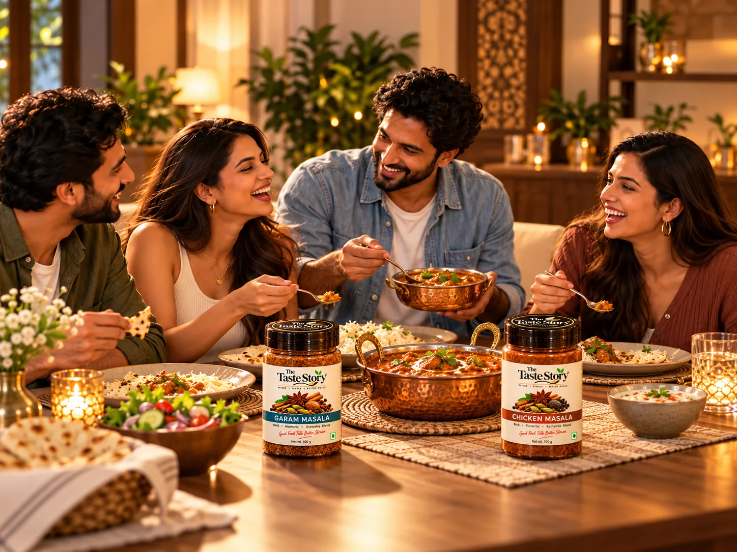 Friends enjoying dinner with conceptual spice jars